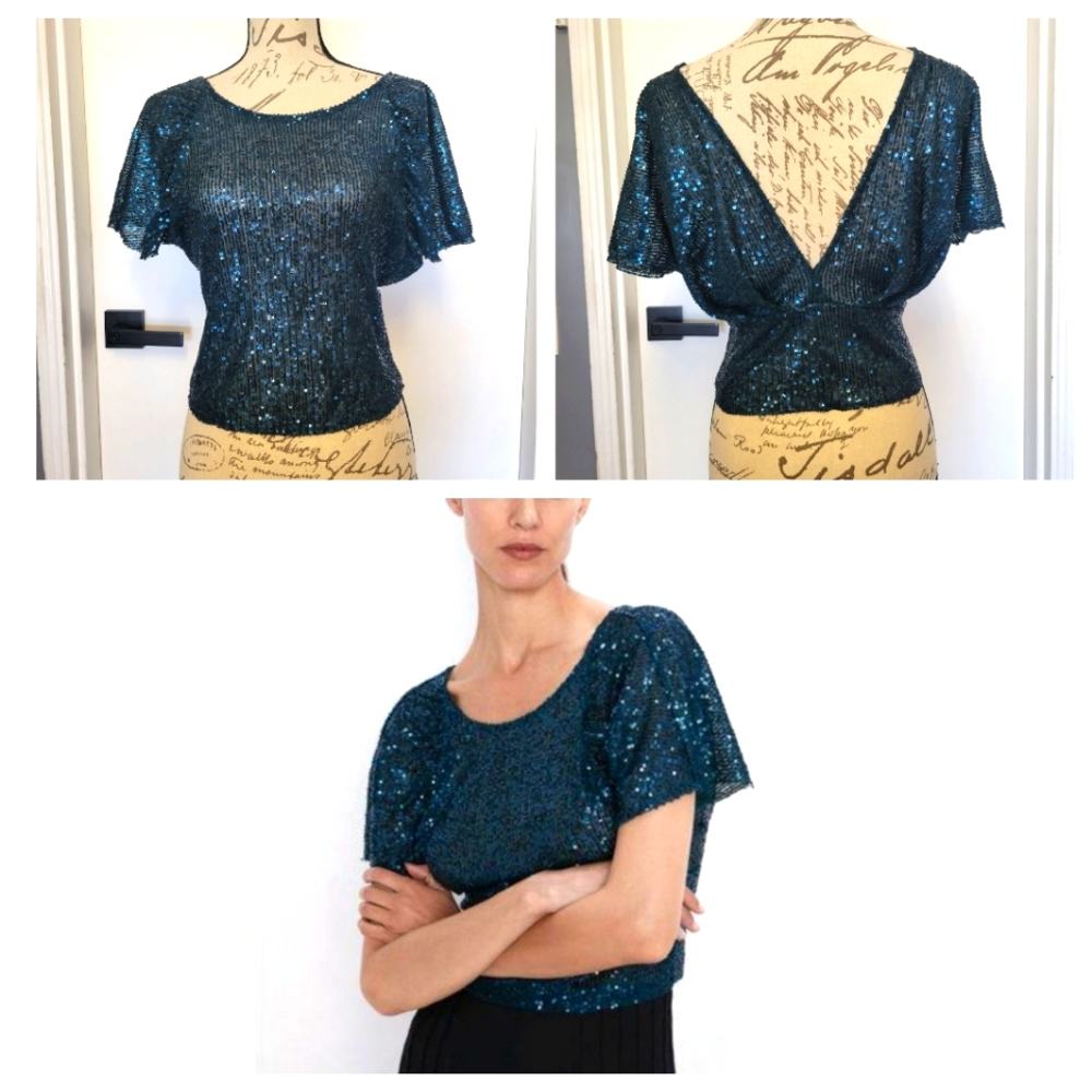 Zara Emerald Green Sparkly Sequinned Cropped Top Size M
